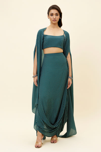 sva Blue Butti Print Drape Skirt With Bustier And Cape online shopping melange singapore indian designer wear