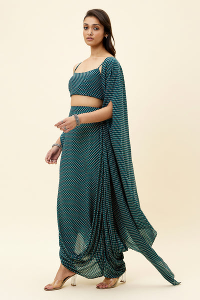 sva Blue Butti Print Drape Skirt With Bustier And Cape online shopping melange singapore indian designer wear