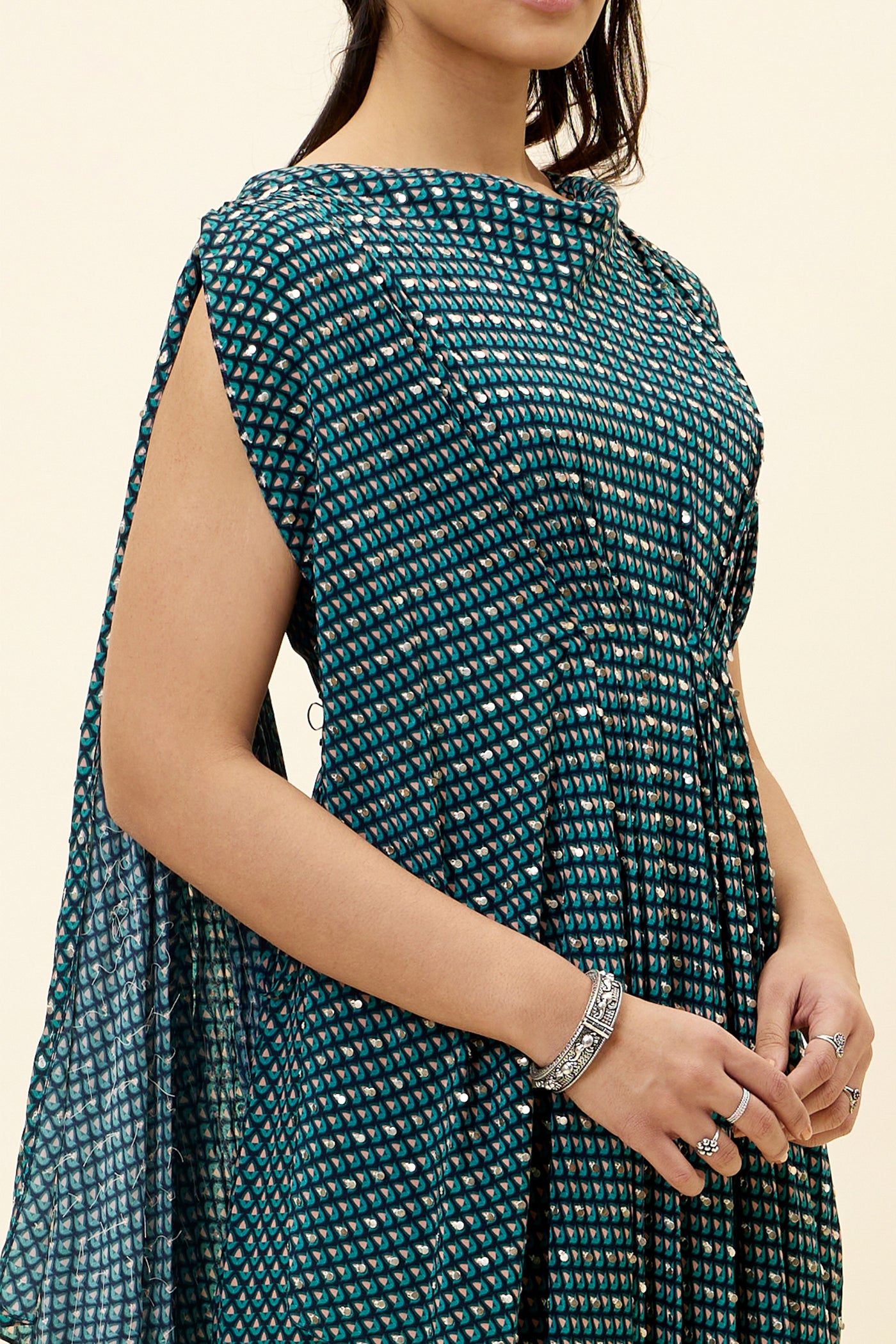 sva Blue Butti Print Embellished Draped Top Teamed With Pants online shopping melange singapore indian designer wear
