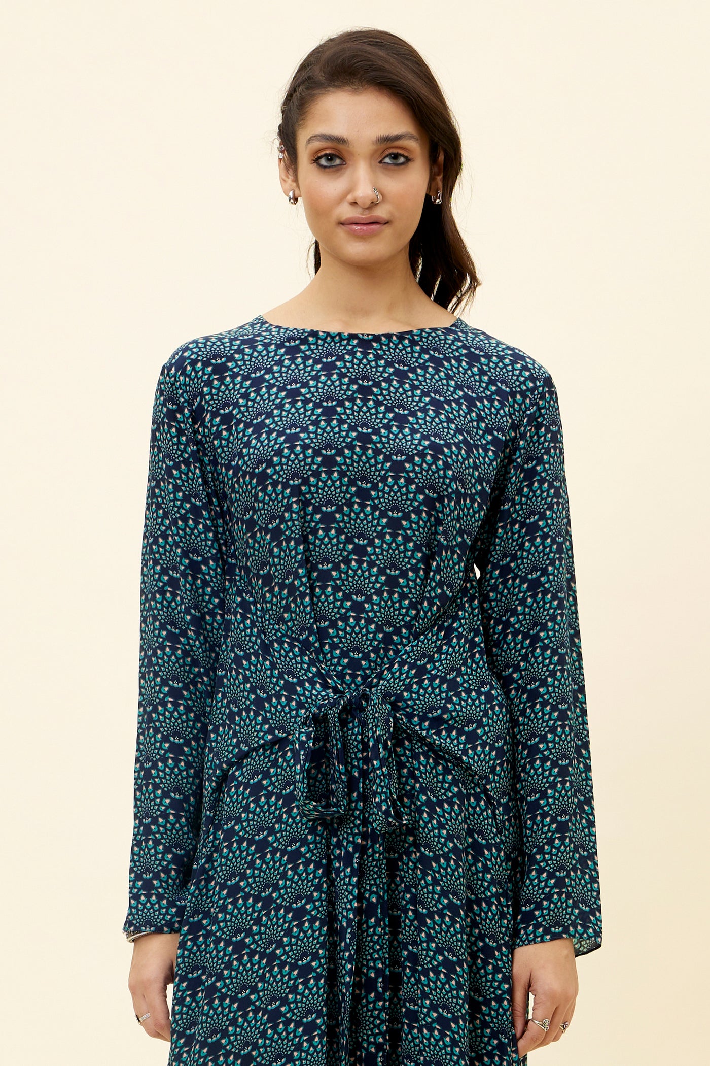 sva Blue Feather Print Front Tie-up Tunic Set online shopping melange singapore indian designer wear