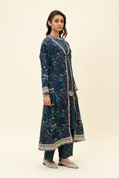 sva Blue Feather Print Sleeveless Tunic With Pants And Blue Mor Jaal Print Jacket online shopping melange singapore indian designer wear