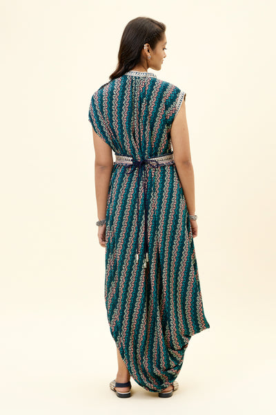 sva Blue Leaf Print Drape Dress With Emb Belt online shopping melange singapore indian designer wear