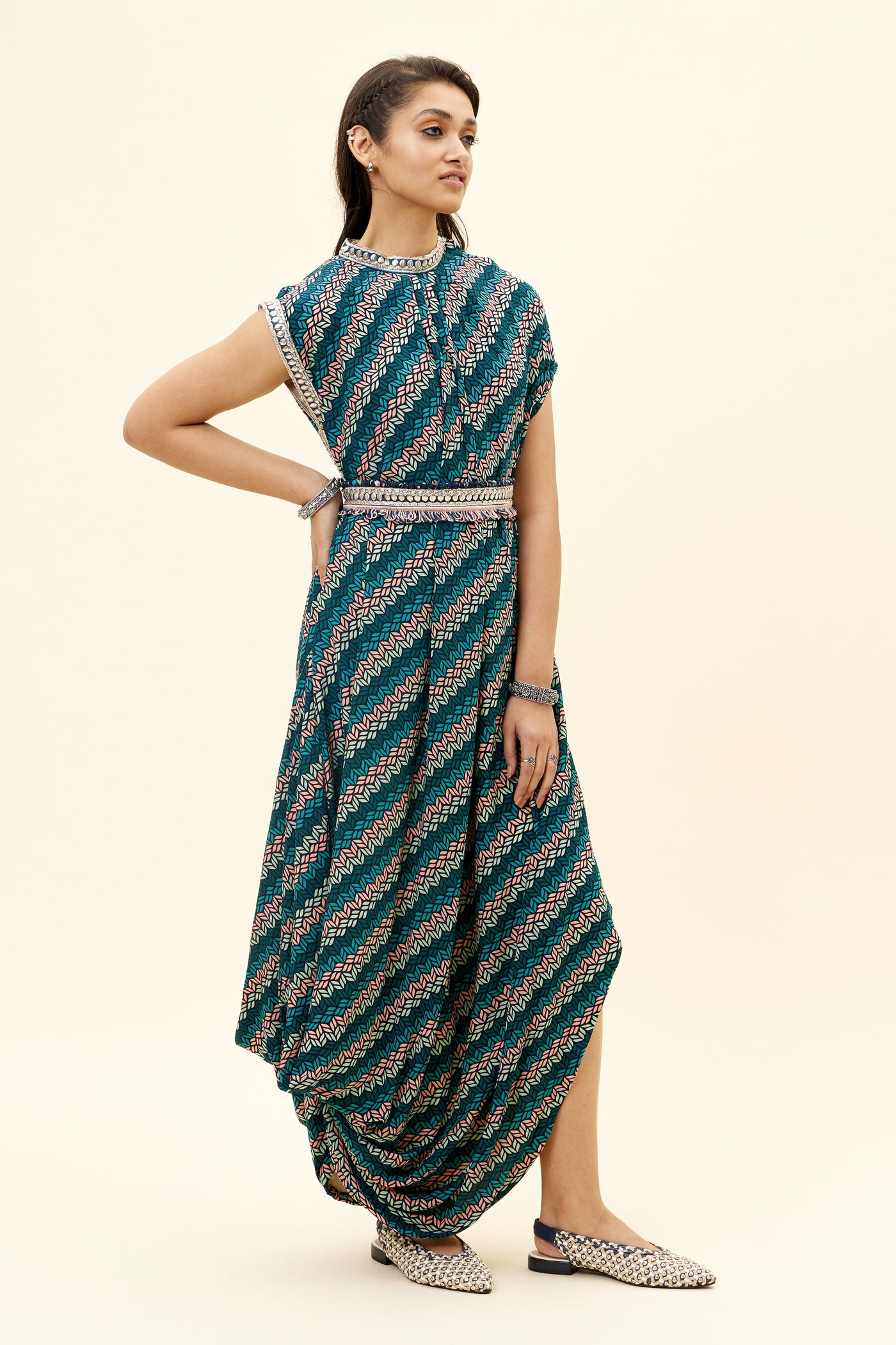 sva Blue Leaf Print Drape Dress With Emb Belt online shopping melange singapore indian designer wear