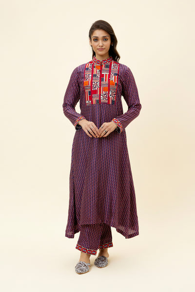 sva Blue Leaf Print Kurta Tunic With Emb Yoke And Pants online shopping melange singapore indian designer wear
