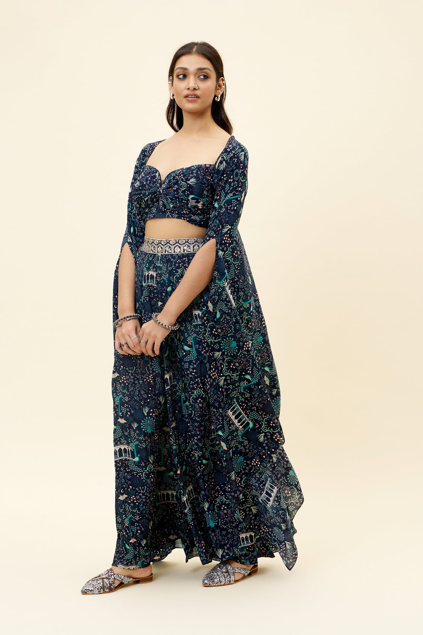 sva Blue Mor Jaal Print Box Pleated Pants With Bikini Bustier And Cape online shopping melange singapore indian designer wear
