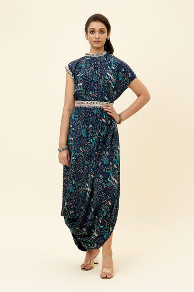 sva Blue Mor Jaal Print Drape Dress With Emb Belt online shopping melange singapore indian designer wear