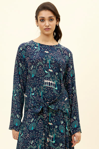 sva Blue Mor Jaal Print Front Tie Up Tunic Set online shopping melange singapore indian designer wear