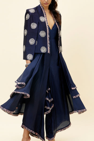 sva Blue Peacock Motif Noor Jacket With Layered Jumpsuit online shopping melange singapore indian designer wear