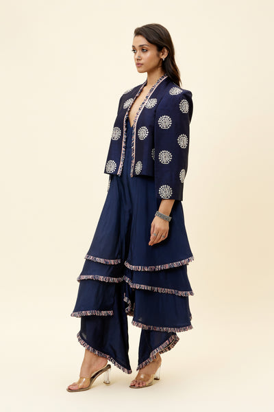 sva Blue Peacock Motif Noor Jacket With Layered Jumpsuit online shopping melange singapore indian designer wear