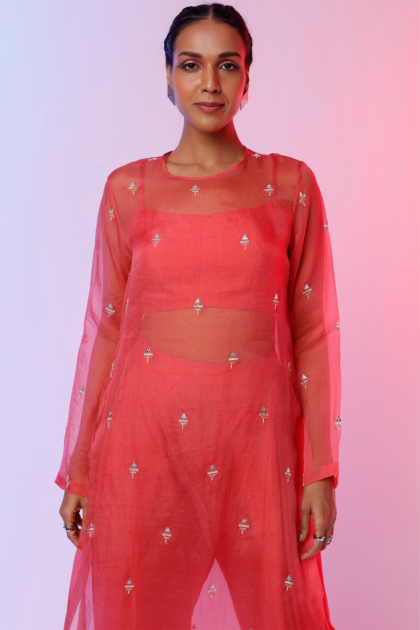 sva by sonam and paras modi D.coral Bustier With D.coral Drapy Pants With Emb Organza Kurta  Festive fusion Indian designer wear online shopping melange singapore indian designer wear