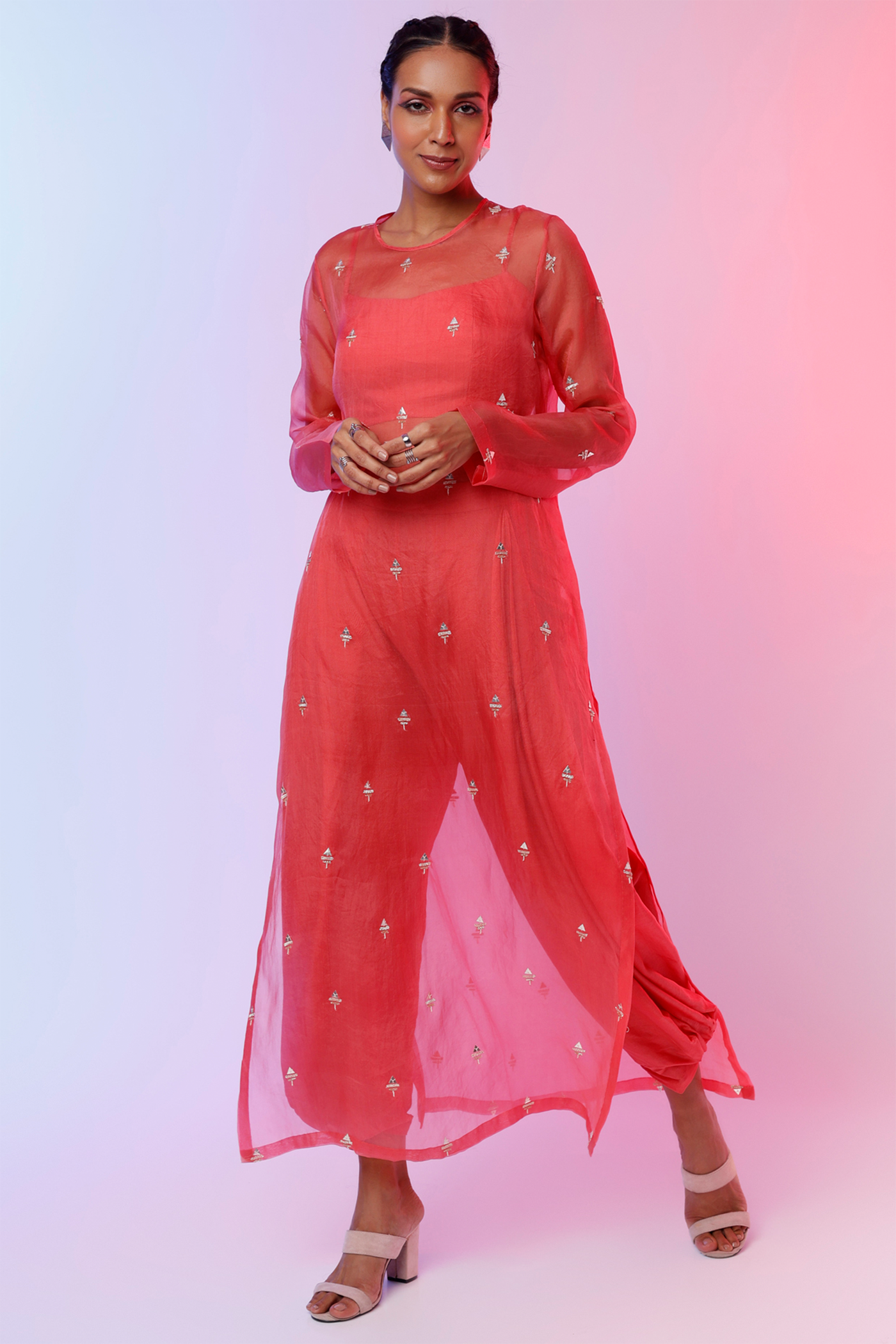sva by sonam and paras modi D.coral Bustier With D.coral Drapy Pants With Emb Organza Kurta  Festive fusion Indian designer wear online shopping melange singapore indian designer wear