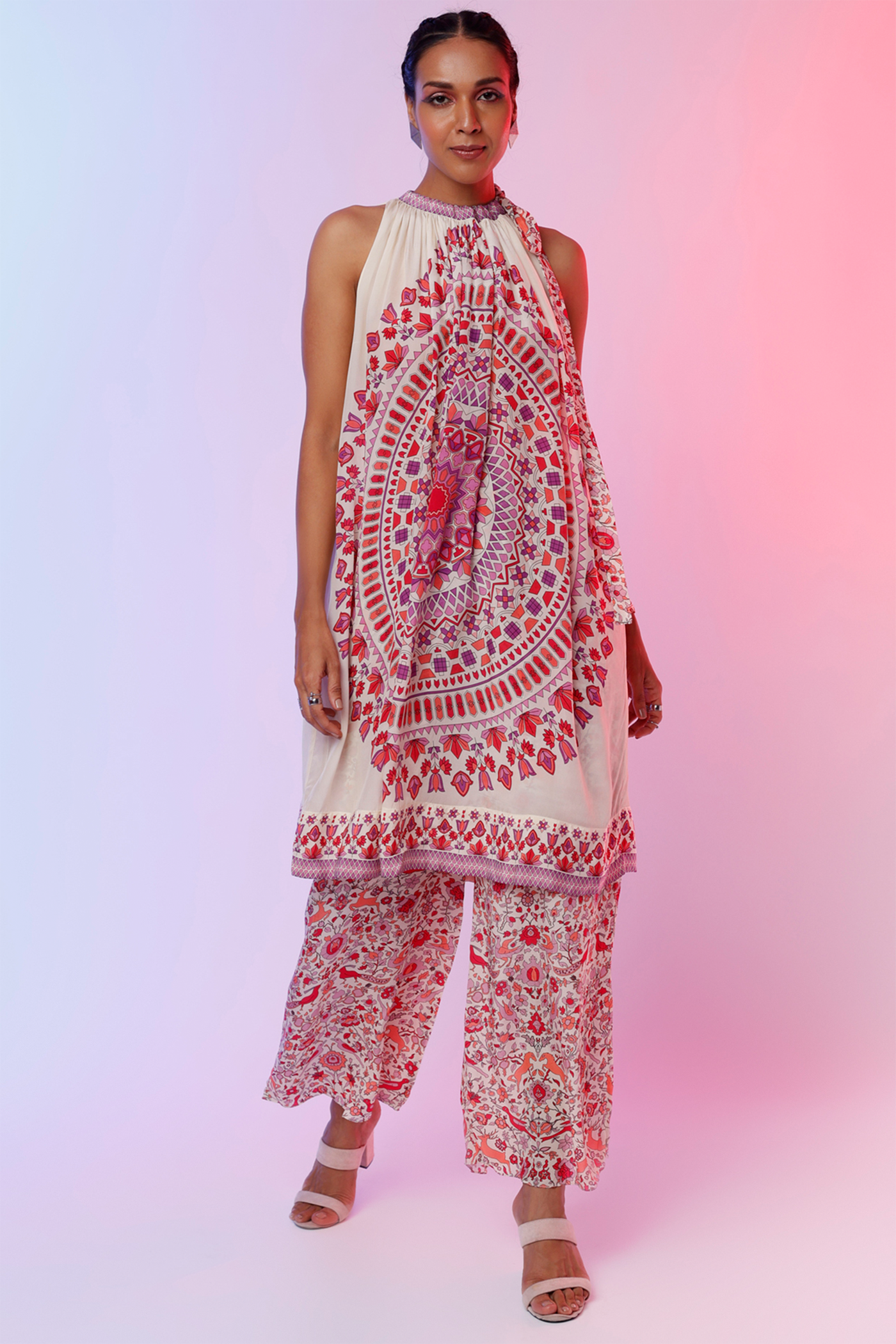 sva by sonam and paras modi Ivory Ravi Print In Cut Top With Ivory Saanjh Print Drape Pants  Festive fusion Indian designer wear online shopping melange singapore indian designer wear