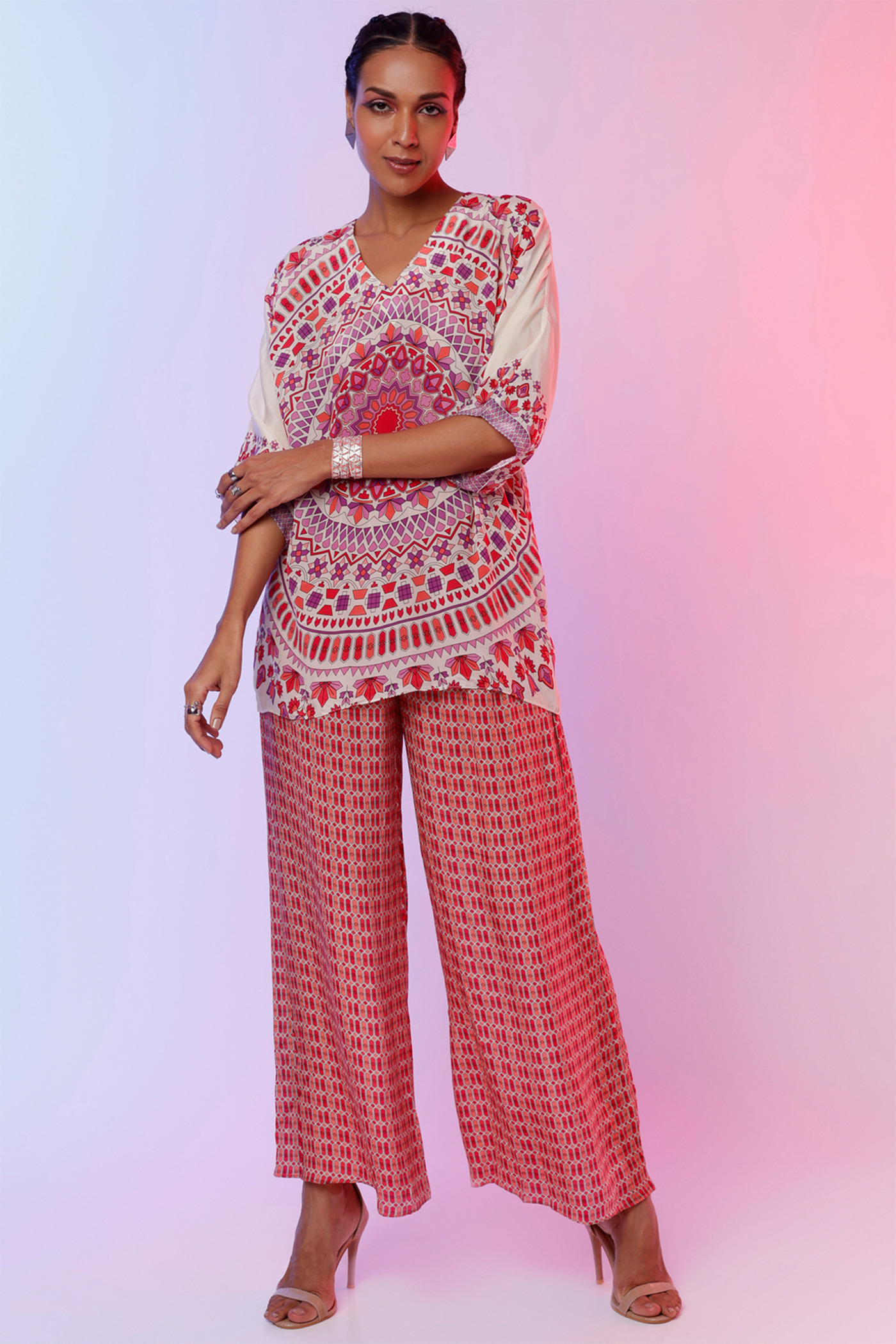 sva by sonam and paras modi  Ivory Ravi Print Top With Red And Orange Lattice Print Pants Festive fusion Indian designer wear online shopping melange singapore indian designer wear