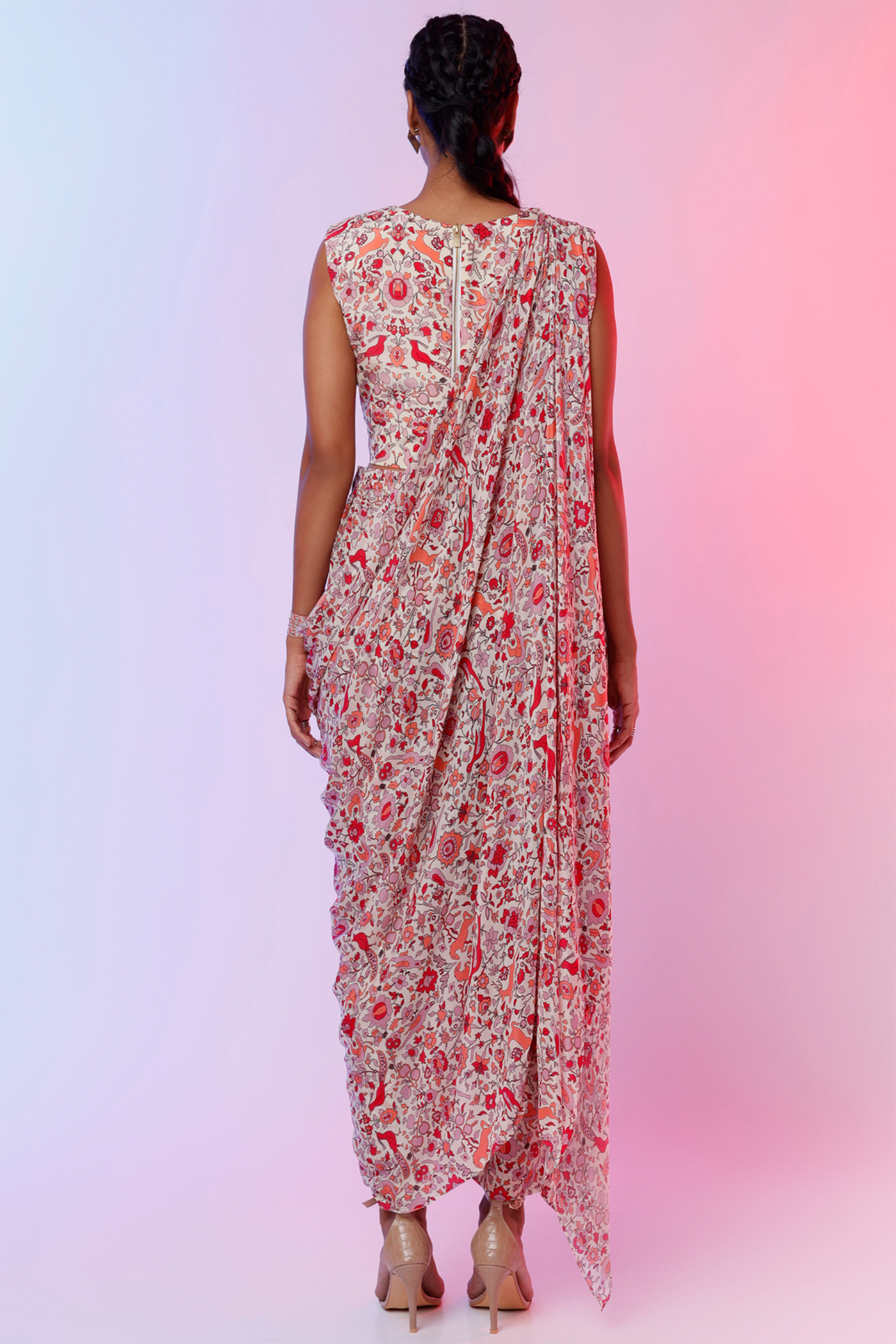 sva by sonam and paras modi Ivory Saanjh Print Crop Top With Attached Drape Teamed With Pants  Festive fusion Indian designer wear online shopping melange singapore indian designer wear