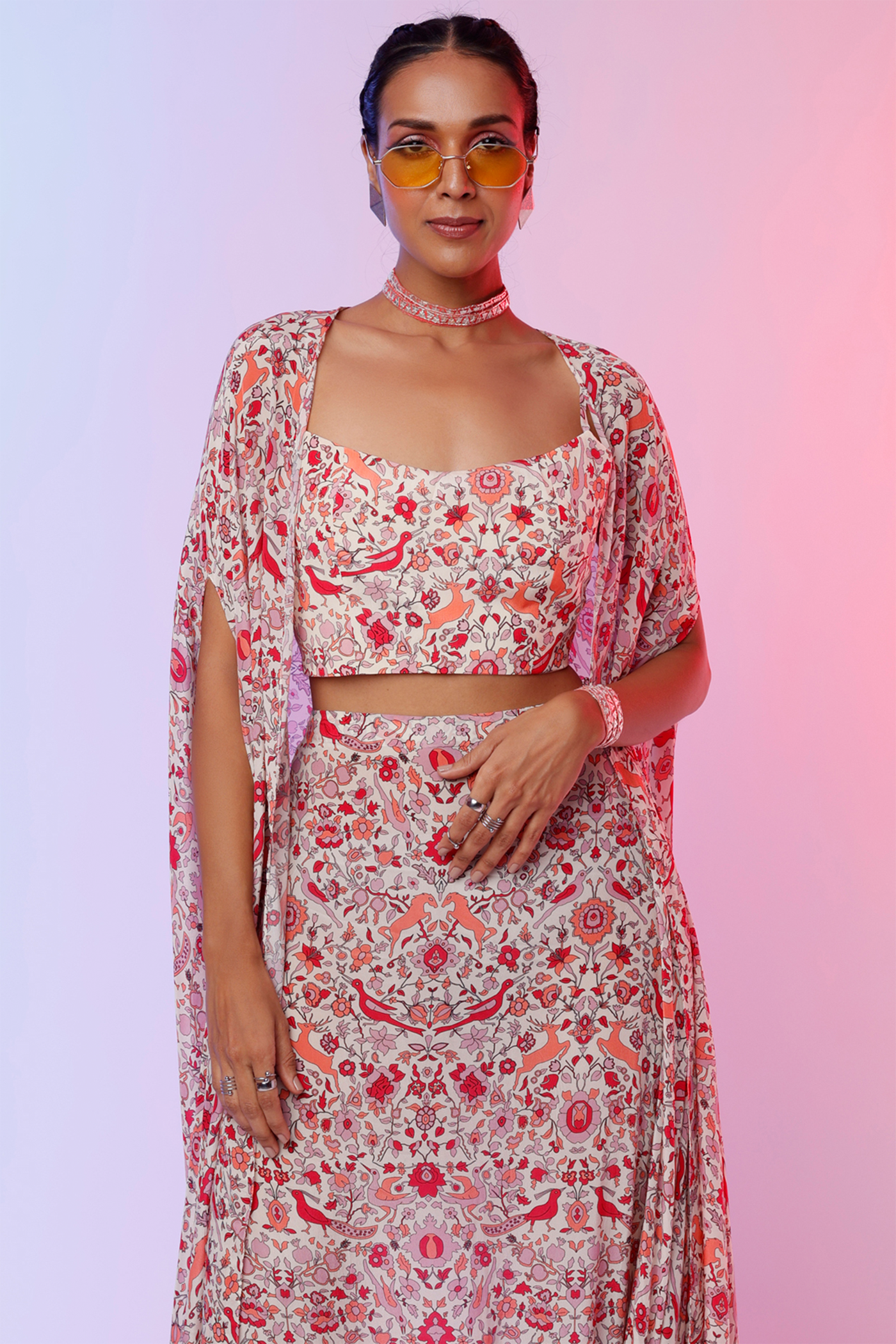 sva by sonam and paras modi Ivory Saanjh Print Drape Skirt With Bustier And Cape  Festive fusion Indian designer wear online shopping melange singapore indian designer wear