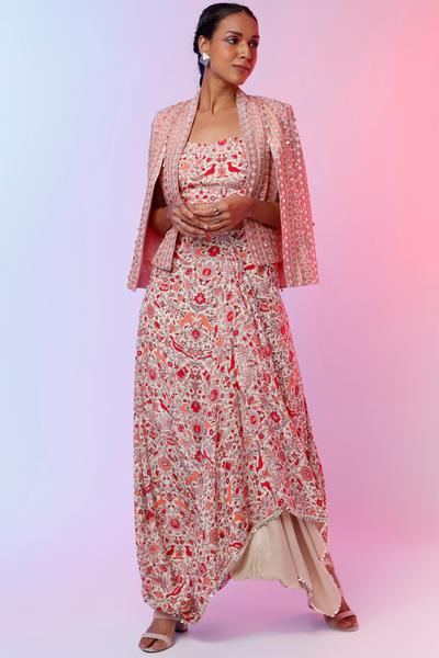 sva by sonam and paras modi Ivory Saanjh Print Nusrat Skirt With Ivory Saanjh Print Bustier And L.coral Embroidered Jacket Festive fusion Indian designer wear online shopping melange singapore indian designer wear