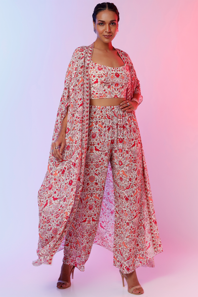 sva by sonam and paras modi  Ivory Saanjh Print Print Bustier With Pants And Cape Jacket Festive fusion Indian designer wear online shopping melange singapore indian designer wear
