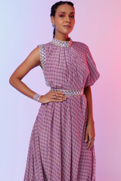 sva by sonam and paras modi Lilac And Lattice Print Drape Dress With Emb Belt  Festive fusion Indian designer wear online shopping melange singapore indian designer wear