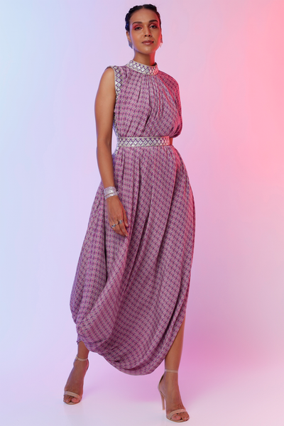 sva by sonam and paras modi Lilac And Lattice Print Drape Dress With Emb Belt  Festive fusion Indian designer wear online shopping melange singapore indian designer wear