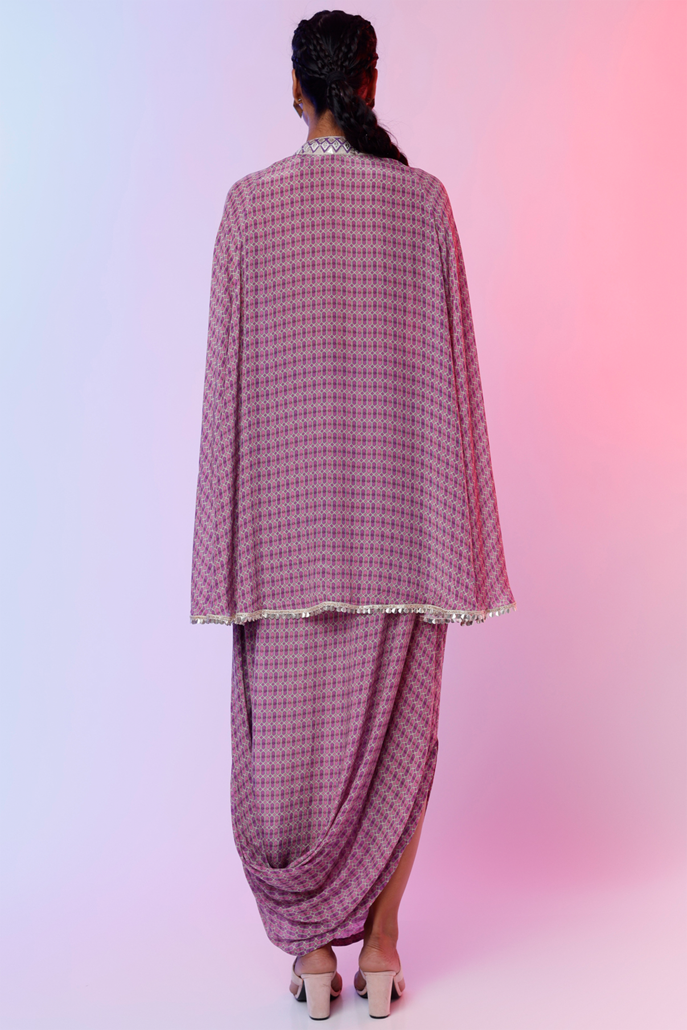 sva by sonam and paras modi   Lilac And Lattice Print Drape Skirt With Printed Cape Top Festive fusion Indian designer wear online shopping melange singapore indian designer wear