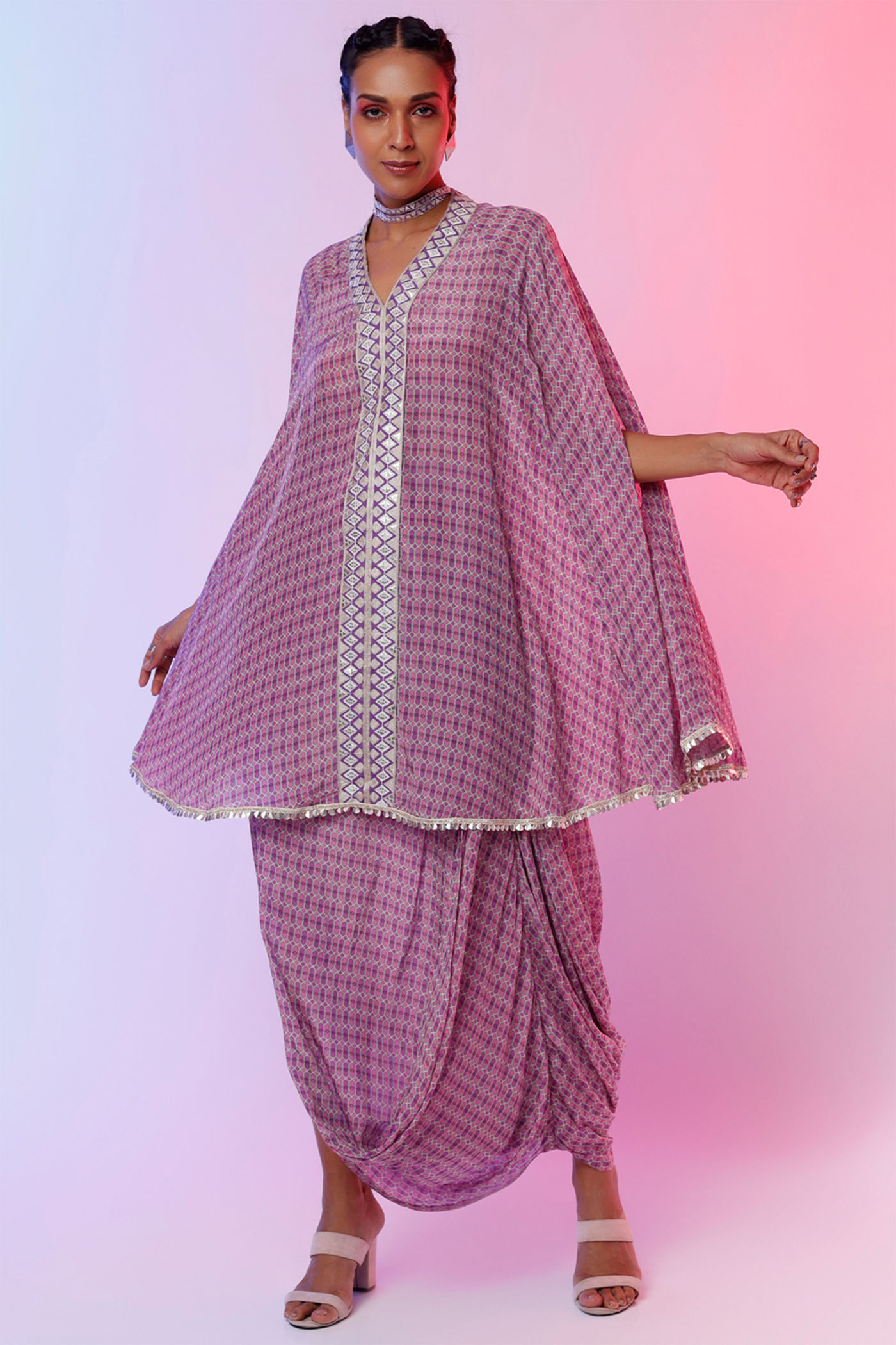 sva by sonam and paras modi   Lilac And Lattice Print Drape Skirt With Printed Cape Top Festive fusion Indian designer wear online shopping melange singapore indian designer wear
