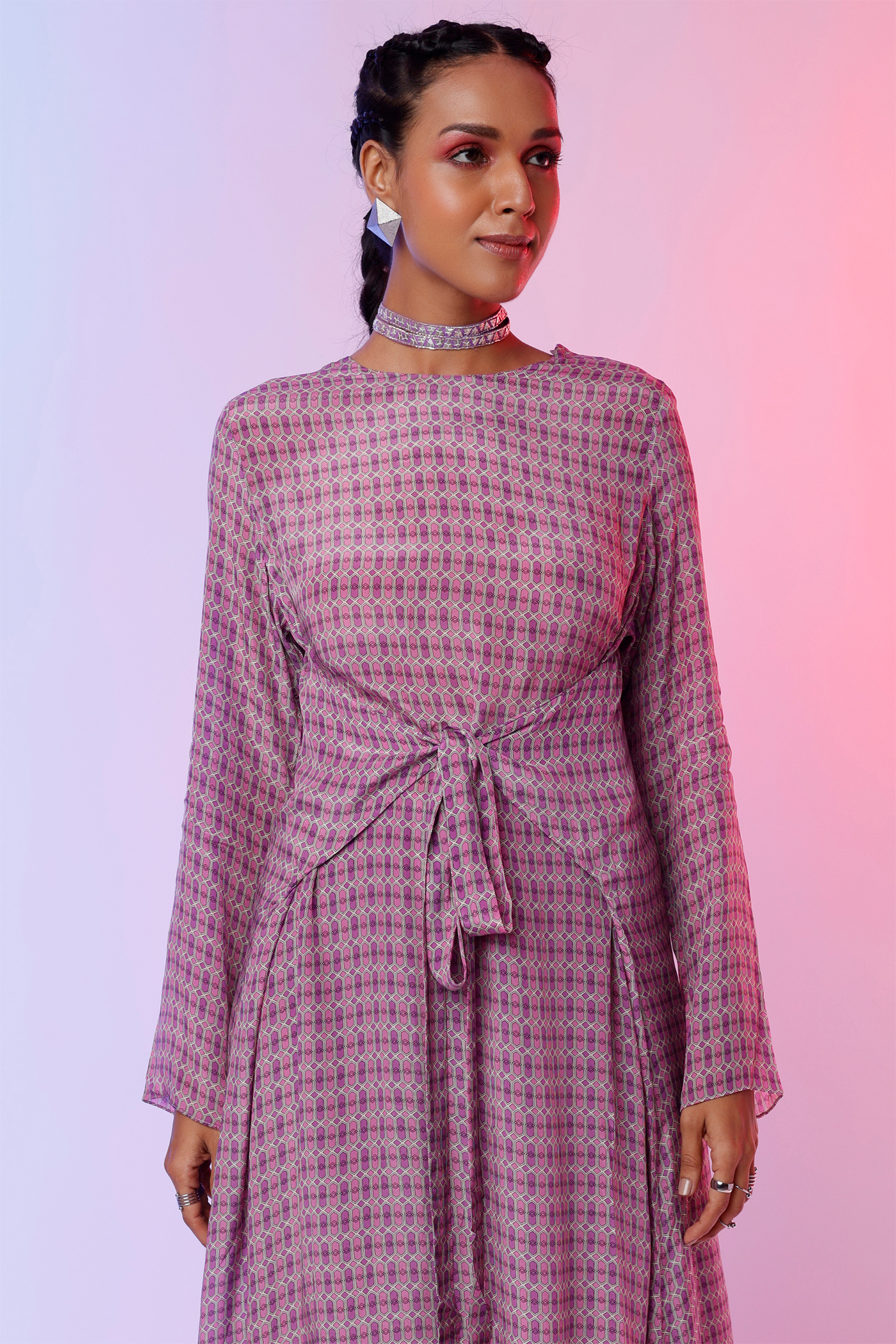 sva by sonam and paras modi  Lilac And Lattice Print Front Tie Up Tunic Set Festive fusion Indian designer wear online shopping melange singapore indian designer wear