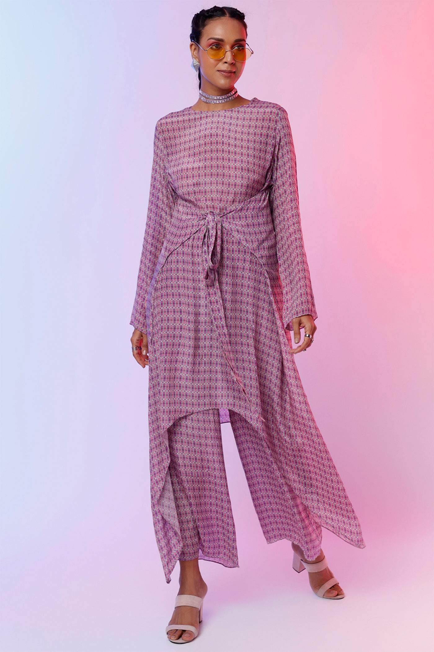 sva by sonam and paras modi  Lilac And Lattice Print Front Tie Up Tunic Set Festive fusion Indian designer wear online shopping melange singapore indian designer wear