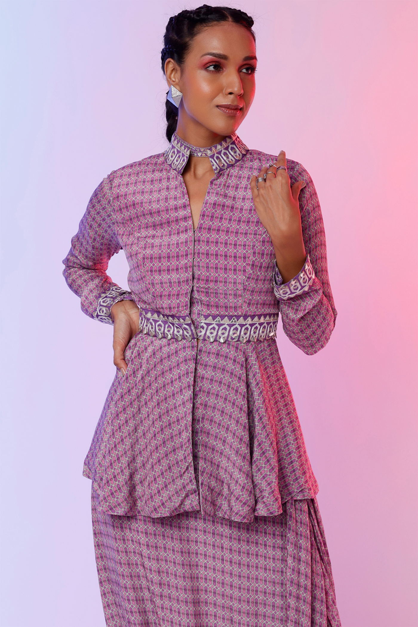 sva by sonam and paras modi  Lilac And Lattice Print Peplum Top With Drape Skirt Festive fusion Indian designer wear online shopping melange singapore indian designer wear