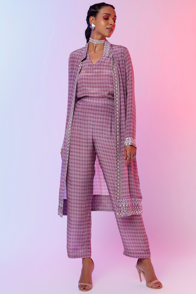 sva by sonam and paras modi   Lilac And Purple Camisole And Pants Teamed With An Embellished Printed JacketFestive fusion Indian designer wear online shopping melange singapore indian designer wear