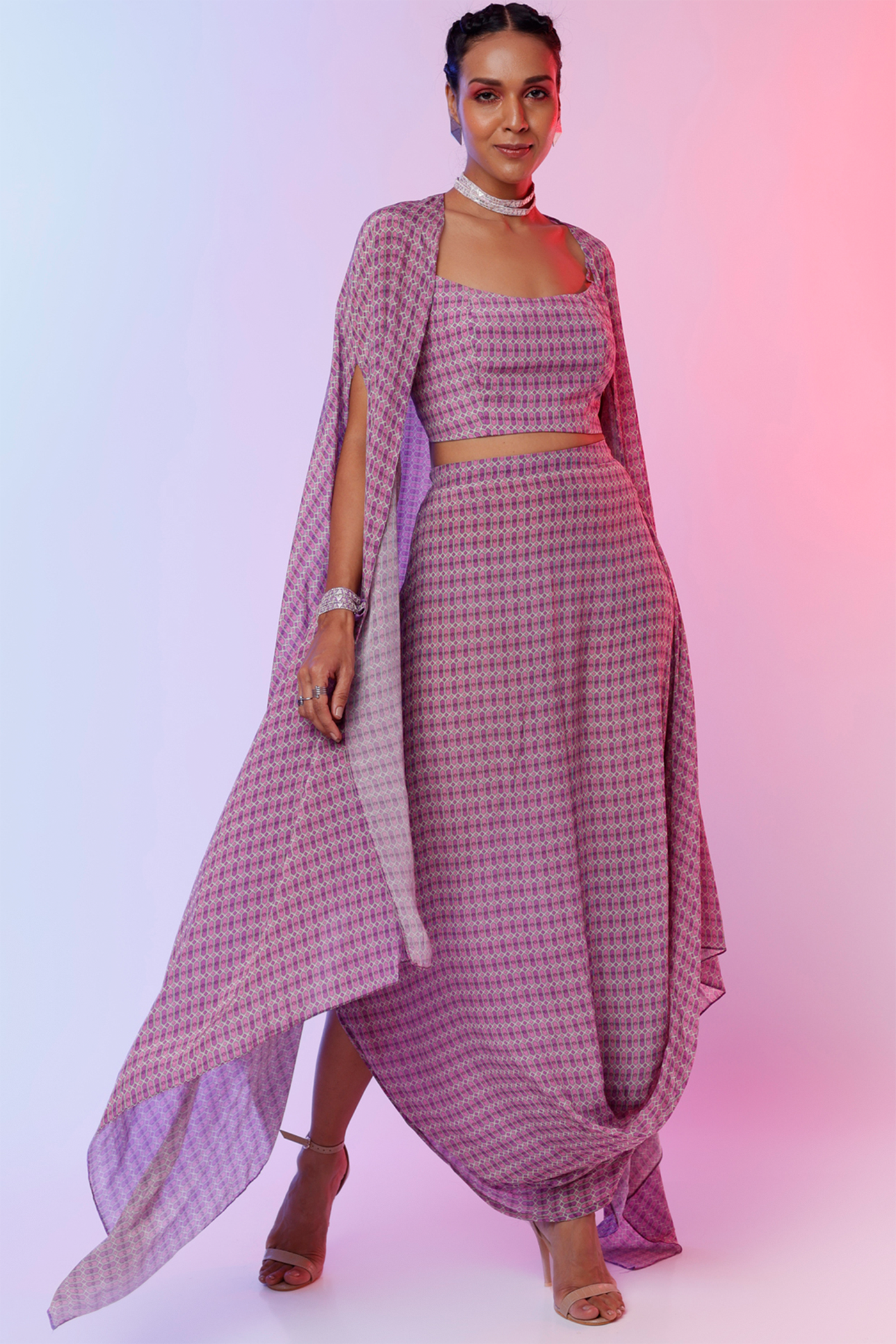 sva by sonam and paras modi Lilac And Purple Lattice Print Drape Skirt With Bustier And Cape  Festive fusion Indian designer wear online shopping melange singapore indian designer wear