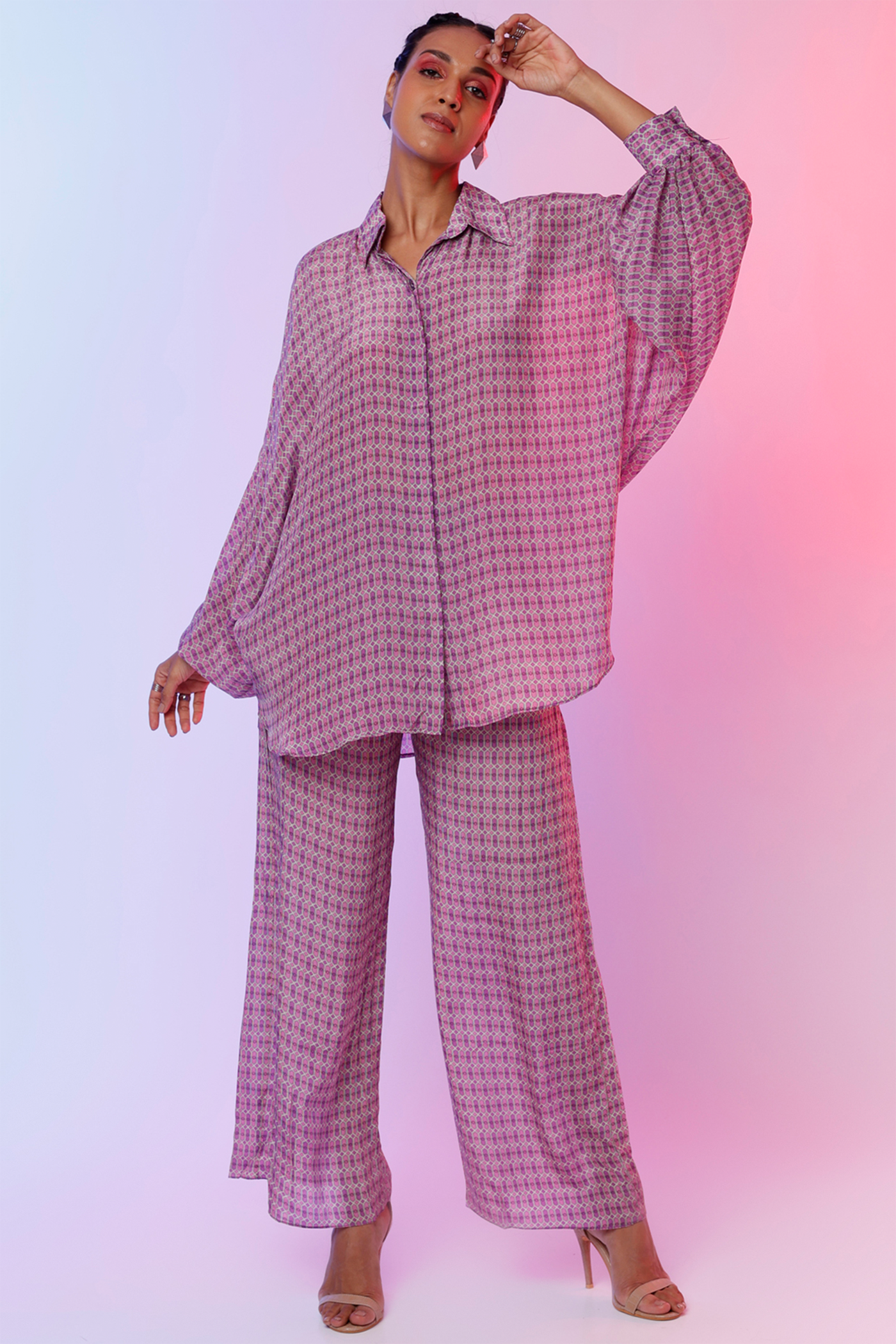 sva by sonam and paras modi  Lilac And Purple Lattice Print Shirt Tunic Set Festive fusion Indian designer wear online shopping melange singapore indian designer wear