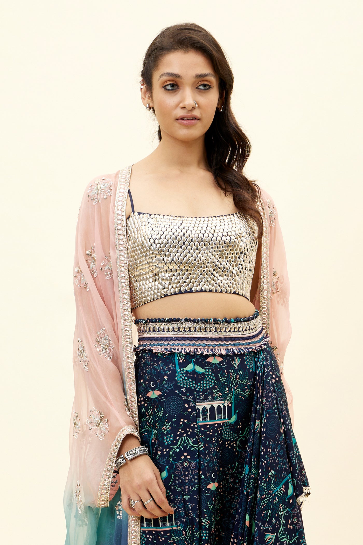 sva Ombre Cape With Silver Embroidered Bustier Andnusrat Drape Skirt online shopping melange singapore indian designer wear