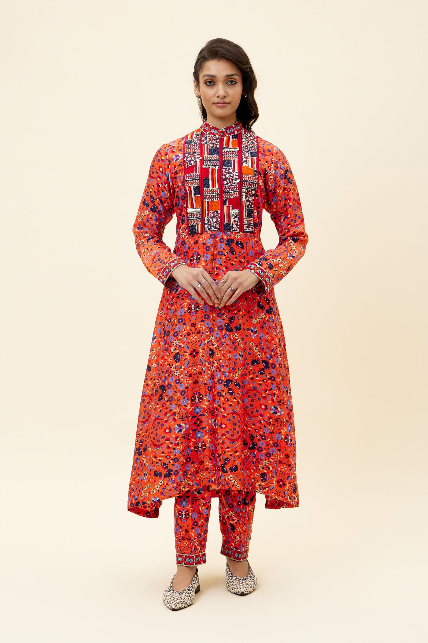 sva Orange Jaal Print Kurta Tunic With Emb Yoke And Pants online shopping melange singapore indian designer wear