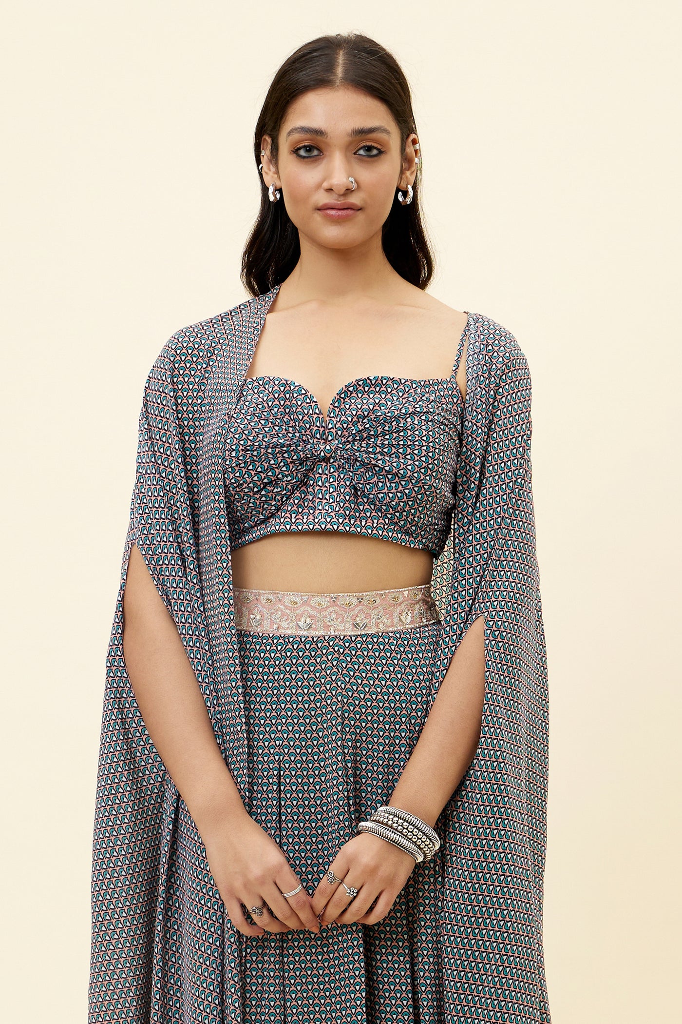 sva Pink Butti Print Box Pleated Pants With Bikini Bustier And Cape online shopping melange singapore indian designer wear