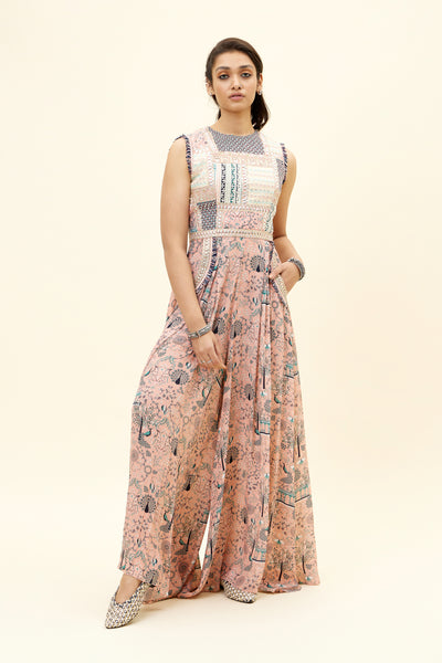 sva Pink Mor Jaal Print Patchwork Jumpsuit online shopping melange singapore indian designer wear