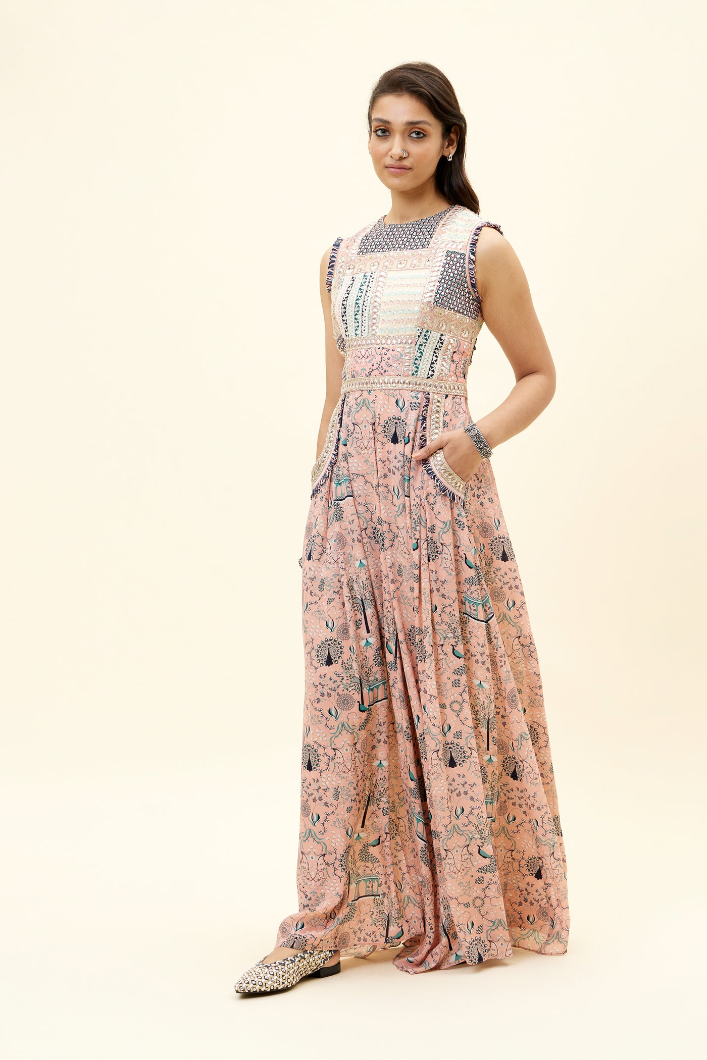 sva Pink Mor Jaal Print Patchwork Jumpsuit online shopping melange singapore indian designer wear