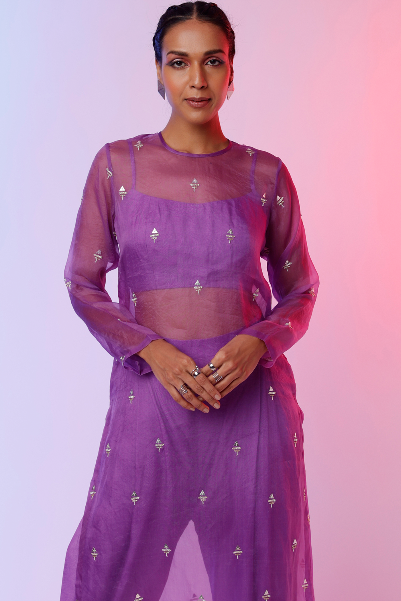 sva by sonam and paras modi  Purple Bustier With Purple Drapy Pants With Emb Organza Kurta Festive fusion Indian designer wear online shopping melange singapore indian designer wear