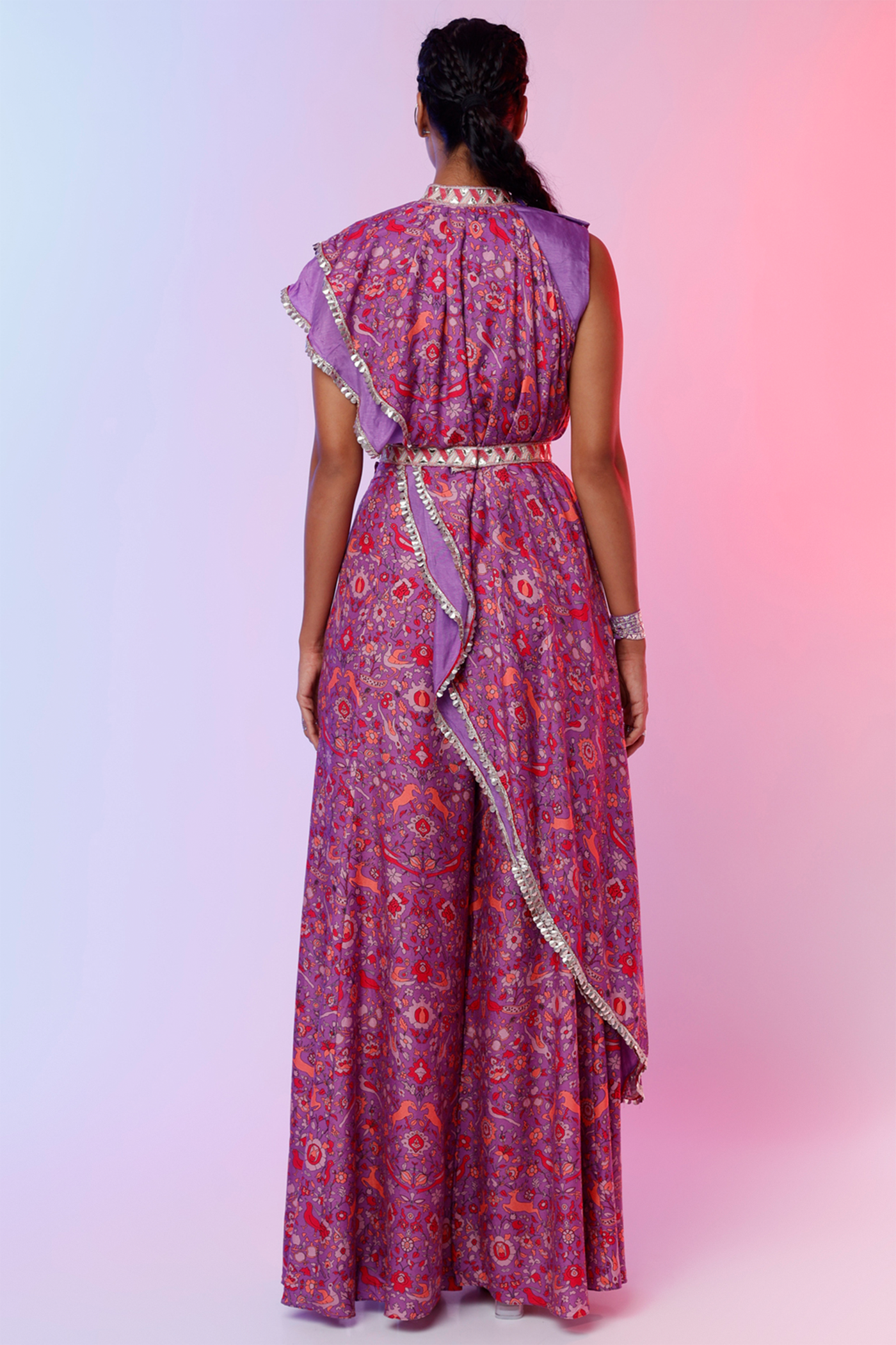 sva by sonam and paras modi Purple Saanjh Floral Print And Purple Croptop With Attached Drape Teamed With Sharara Pants And Belt  Festive fusion Indian designer wear online shopping melange singapore indian designer wear