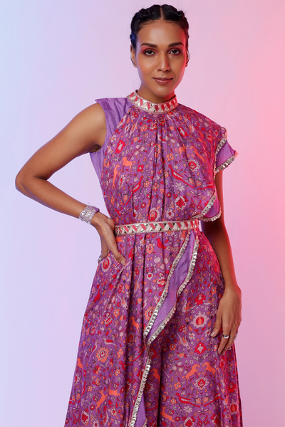 sva by sonam and paras modi Purple Saanjh Floral Print And Purple Croptop With Attached Drape Teamed With Sharara Pants And Belt  Festive fusion Indian designer wear online shopping melange singapore indian designer wear