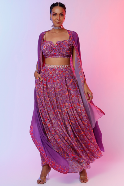 sva by sonam and paras modi Purple Saanjh Print Bikini Bustier With Box Pleated Pants And Cape Festive fusion Indian designer wear online shopping melange singapore indian designer wear