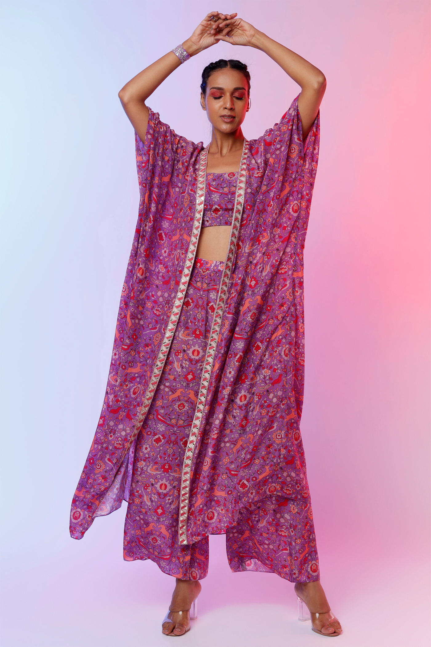 sva by sonam and paras modi Purple Saanjh Print Bustier With Pants And Cape Jacket  Festive fusion Indian designer wear online shopping melange singapore indian designer wear