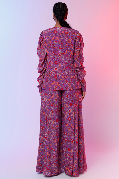 sva by sonam and paras modi Purple Saanjh Print Bustier With Sharara Pants And Jacket  Festive fusion Indian designer wear online shopping melange singapore indian designer wear