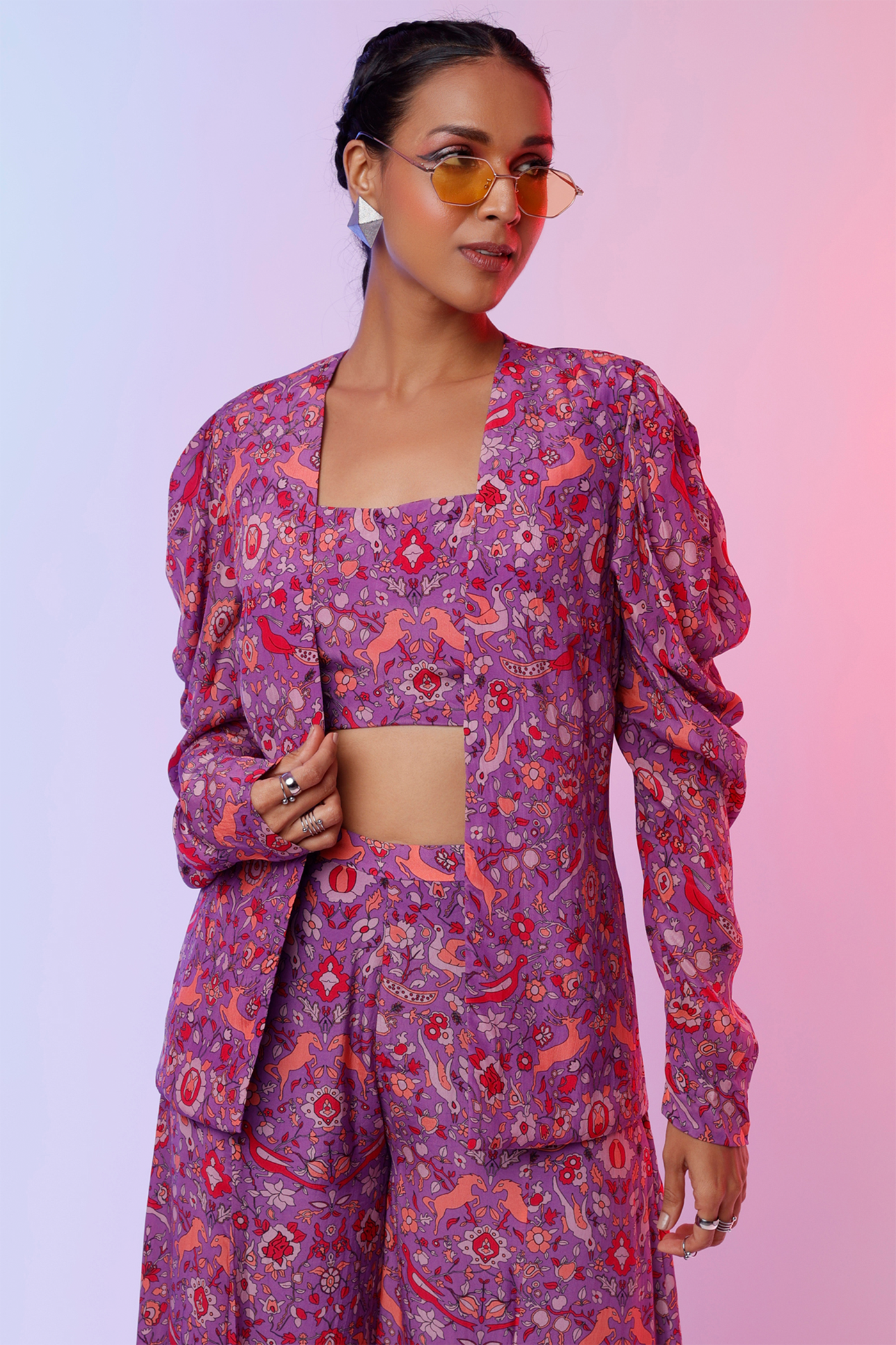 sva by sonam and paras modi Purple Saanjh Print Bustier With Sharara Pants And Jacket  Festive fusion Indian designer wear online shopping melange singapore indian designer wear