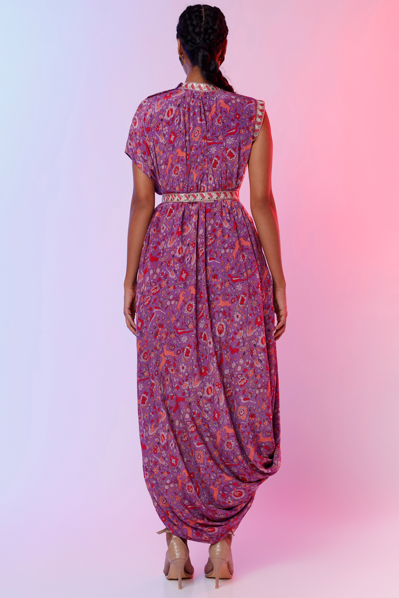 sva by sonam and paras modi Purple Saanjh Print Drape Dress With Emb Belt  Festive fusion Indian designer wear online shopping melange singapore indian designer wear