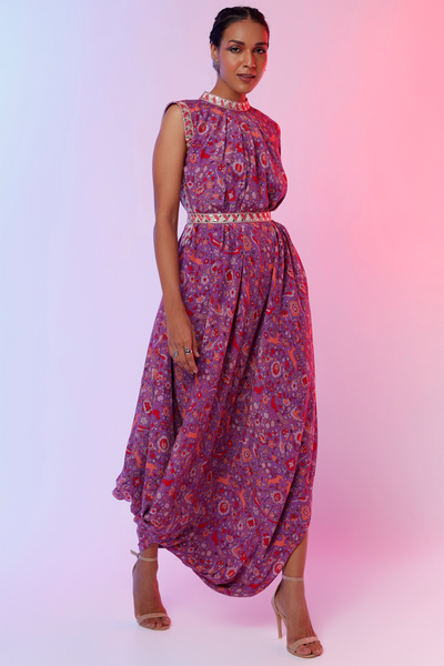 sva by sonam and paras modi Purple Saanjh Print Drape Dress With Emb Belt  Festive fusion Indian designer wear online shopping melange singapore indian designer wear