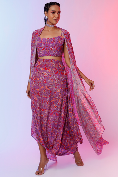 sva by sonam and paras modi Purple Saanjh Print Drape Skirt With Bustier And Cape Festive fusion Indian designer wear online shopping melange singapore indian designer wear
