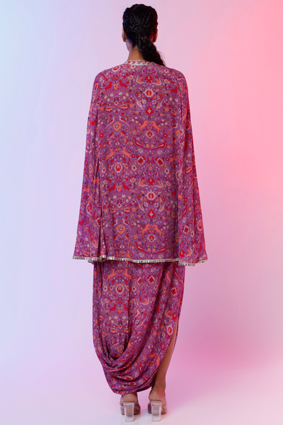 sva by sonam and paras modi Purple Saanjh Print Drape Skirt With Printed Cape Top  Festive fusion Indian designer wear online shopping melange singapore indian designer wear