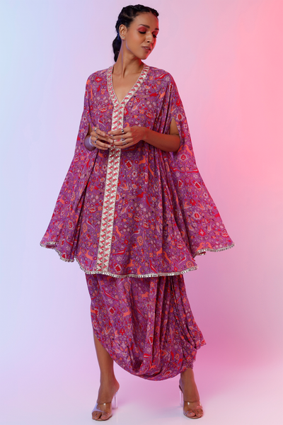 sva by sonam and paras modi Purple Saanjh Print Drape Skirt With Printed Cape Top  Festive fusion Indian designer wear online shopping melange singapore indian designer wear