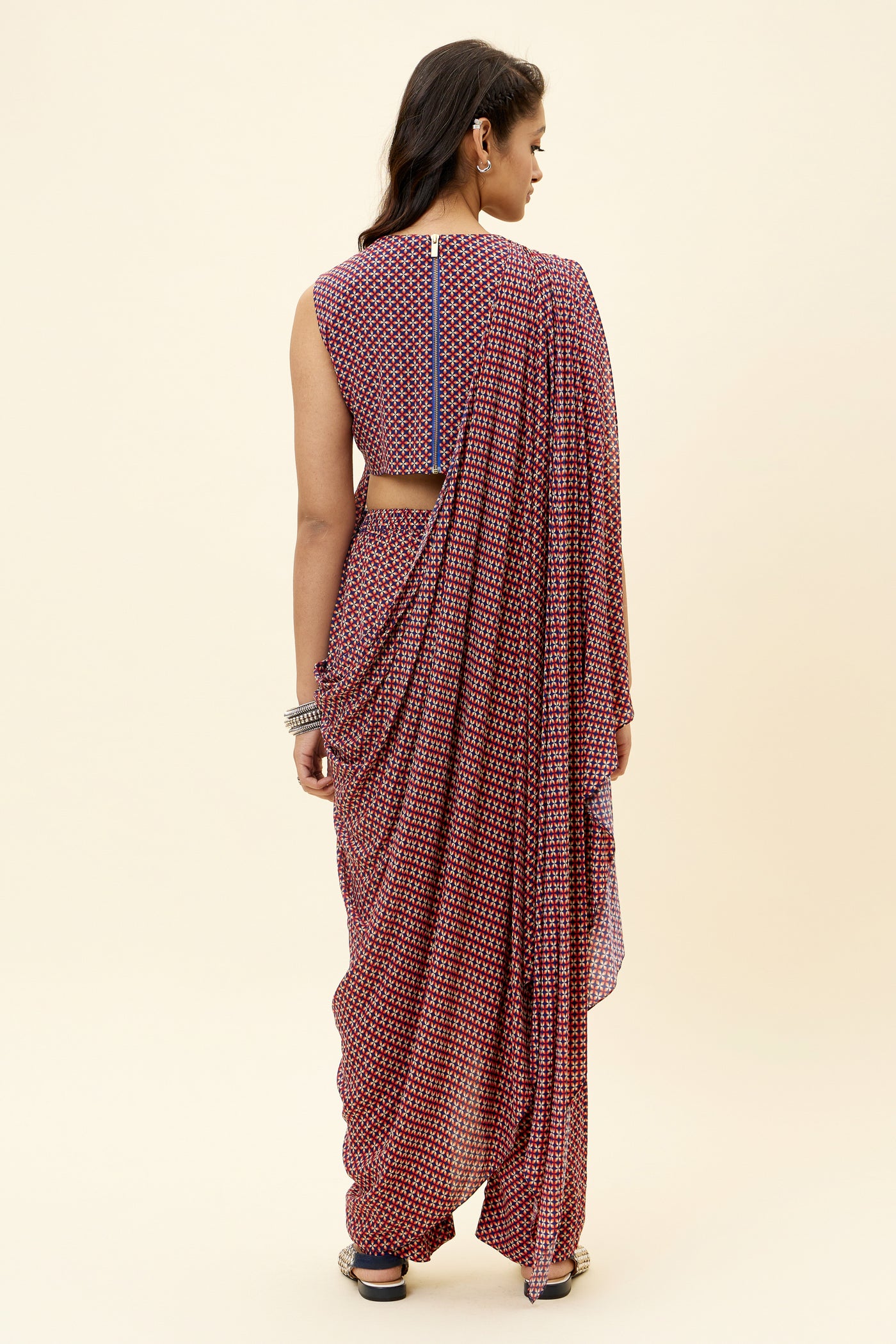 sva Rasa Blue Geo Print Crop Top With Attached Drape And Pants online shopping melange singapore indian designer wear