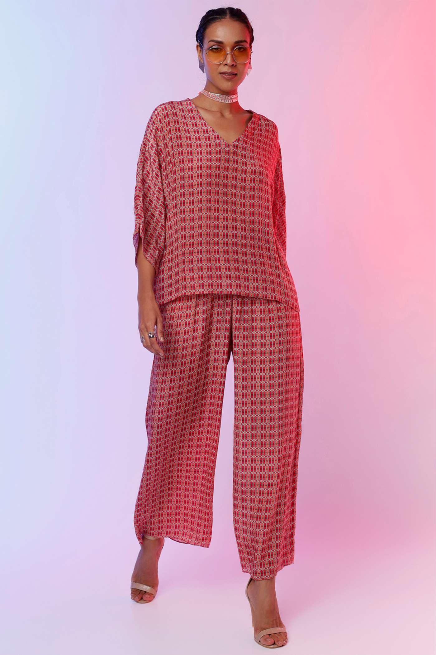 sva by sonam and paras modi  Red And Orange Lattice Print Co Ord Set Festive fusion Indian designer wear online shopping melange singapore indian designer wear